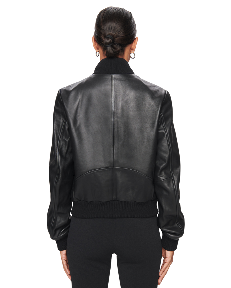 Women's Leather Bomber Jacket in Black