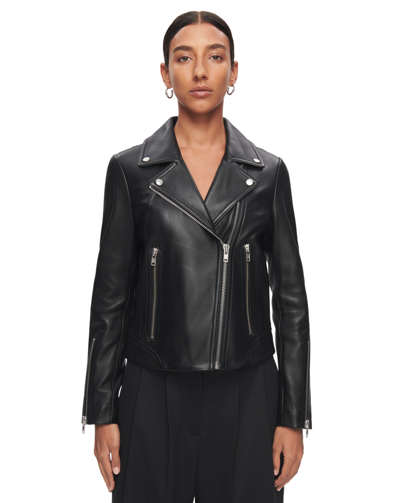 Women's Leather Biker Jacket in Black with Silver Hardware